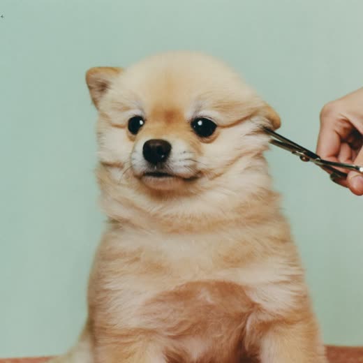 A small dog having its coat trimmed with scissors
