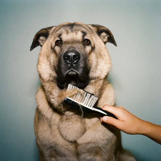 A thick-coated dog being brushed out with a slicker brush