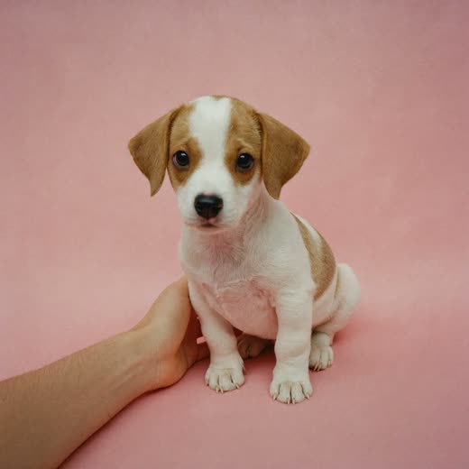 A small puppy sitting calmly with a hand resting beside it